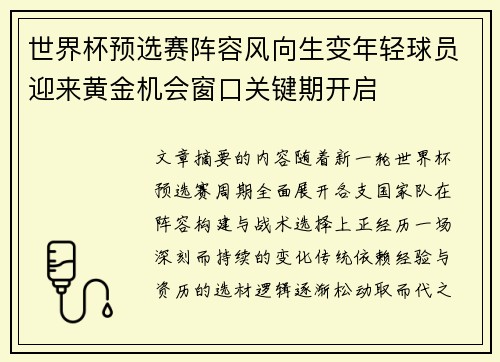 世界杯预选赛阵容风向生变年轻球员迎来黄金机会窗口关键期开启
