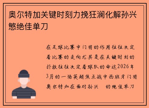 奥尔特加关键时刻力挽狂澜化解孙兴慜绝佳单刀