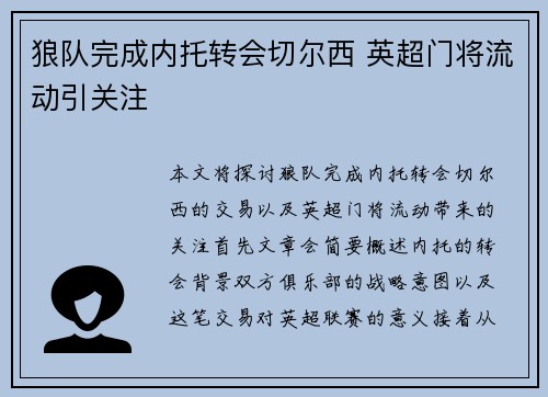 狼队完成内托转会切尔西 英超门将流动引关注