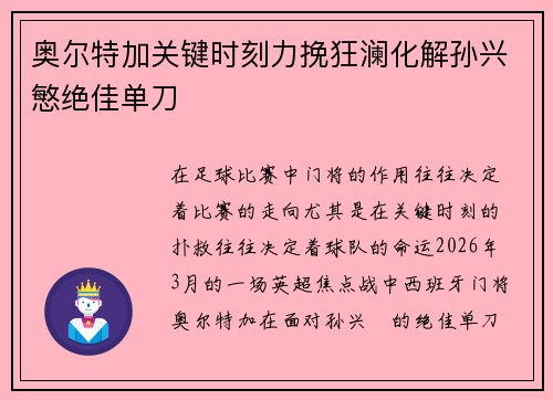 奥尔特加关键时刻力挽狂澜化解孙兴慜绝佳单刀